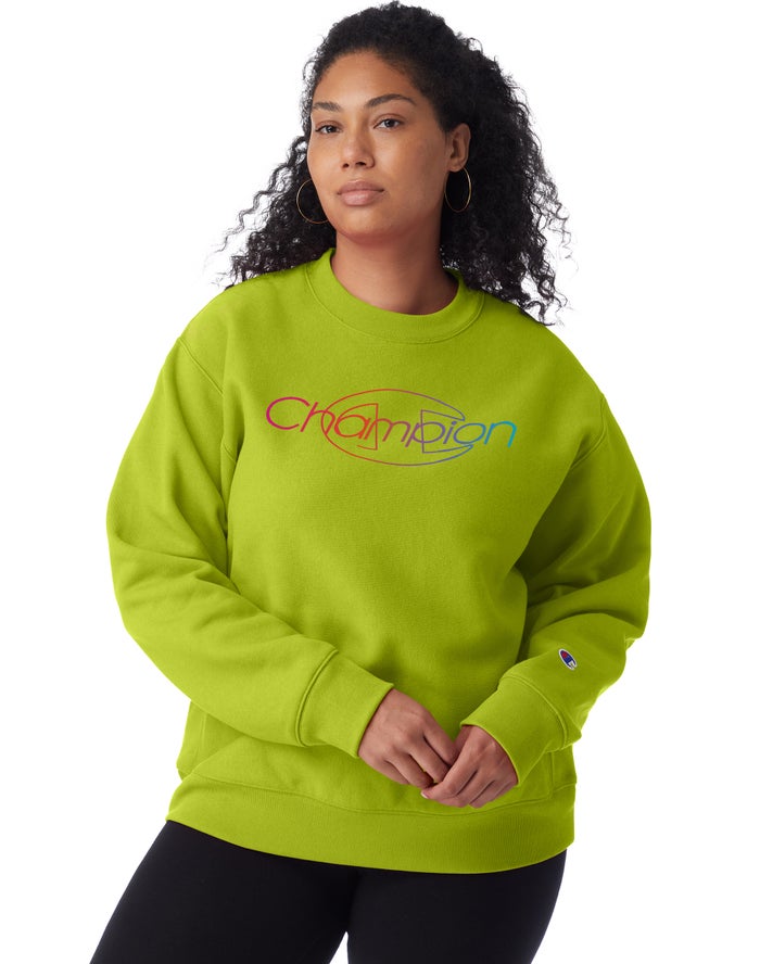 Champion Womens Sweatshirt NZ - Plus Reverse Weave Crew Rainbow Logo Green ( 6752-UPIRG )